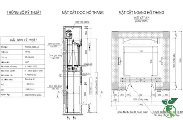 Bản vẽ kỹ thuật hố thang máy gia đình với thông số chiều rộng và chiều sâu tiêu chuẩn