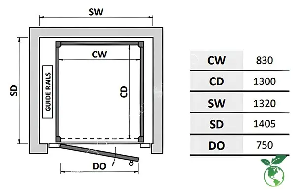 Chi tiết bản vẽ kỹ thuật hố thang máy gia đình với cửa tầng hố PIT và chiều cao OH