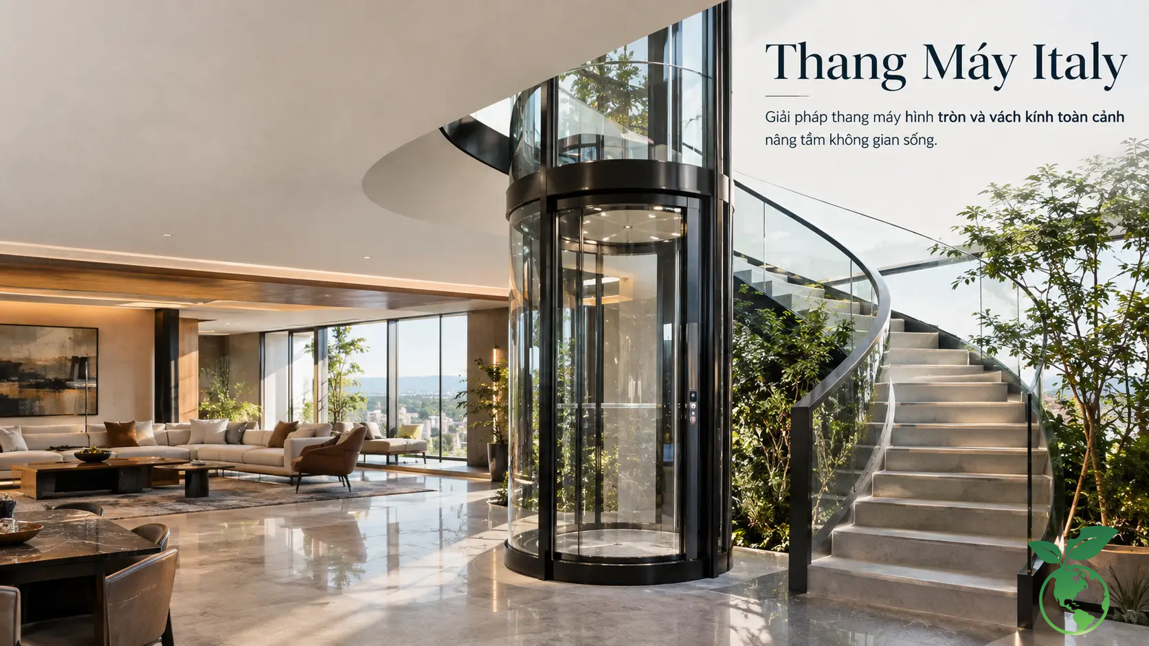 Thang máy hình tròn & vách kính toàn cảnh Thang máy hình tròn và vách kính toàn cảnh trong không gian sống - Thang Máy Italy