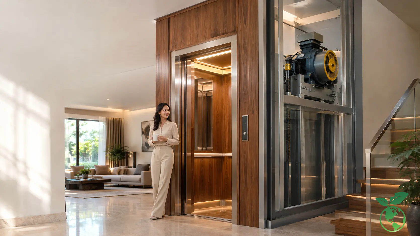 Thang máy homelift ốp gỗ trong biệt thự kết hợp công nghệ động cơ Gearless Italy hướng đến vận hành êm ái và tiết kiệm điện
