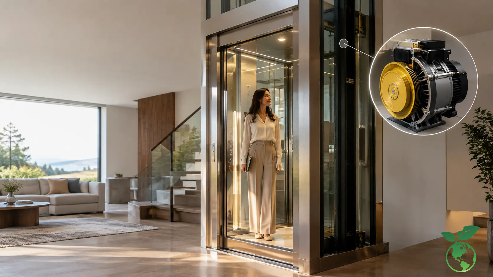 Động cơ Gearless Italy và bài toán vận hành êm, tiết kiệm điện của thang máy gia đình nhập khẩu nguyên chiếc