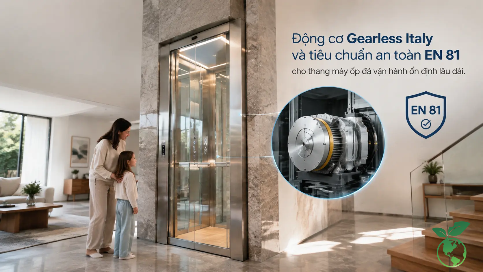 Thang Máy Ốp Đá: Kinh Nghiệm Chọn Đá Và Thi Công Đẹp (2026) 4 Động cơ Gearless Italy và tiêu chuẩn an toàn EN 81 cho thang máy ốp đá vận hành ổn định lâu dài