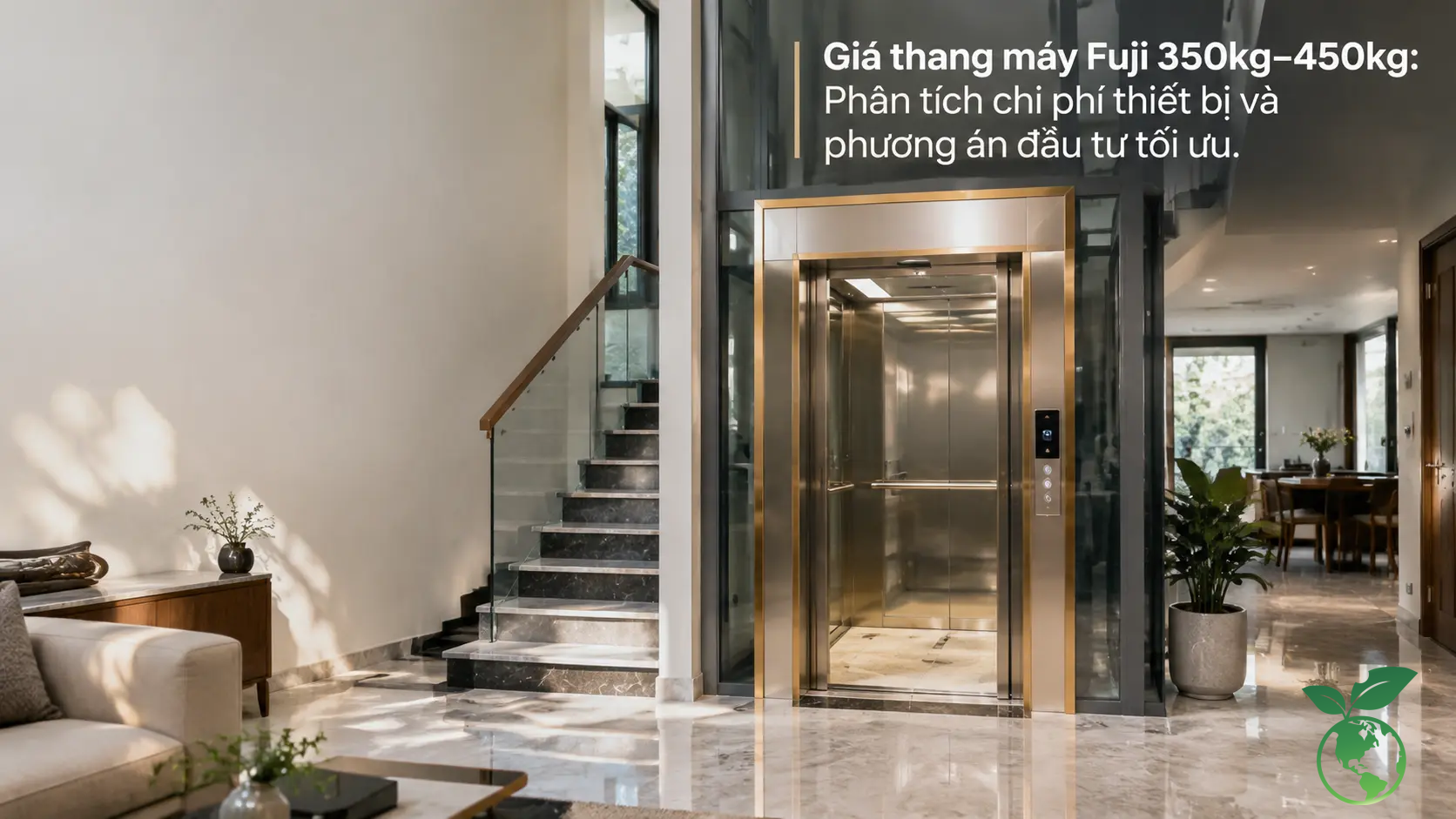 Giá Thang Máy Fuji 450kg, 350kg: Kích Thước & Bản Vẽ (2026) 3 Không gian nhà phố hiện đại với phương án lắp đặt thang máy gia đình Fuji 350kg–450kg