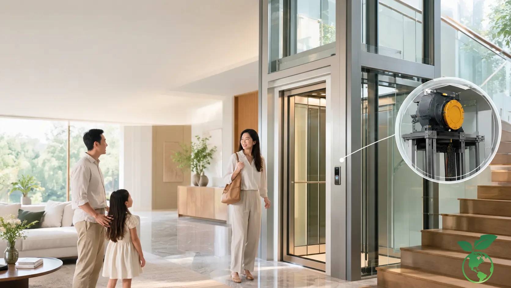 Khung Nhôm Thang Máy Vách Kính Cho Nhà Hiện Đại (2026) 3 Khung nhôm thang máy kết hợp động cơ Gearless: Giải pháp vận hành êm và tiết kiệm điện